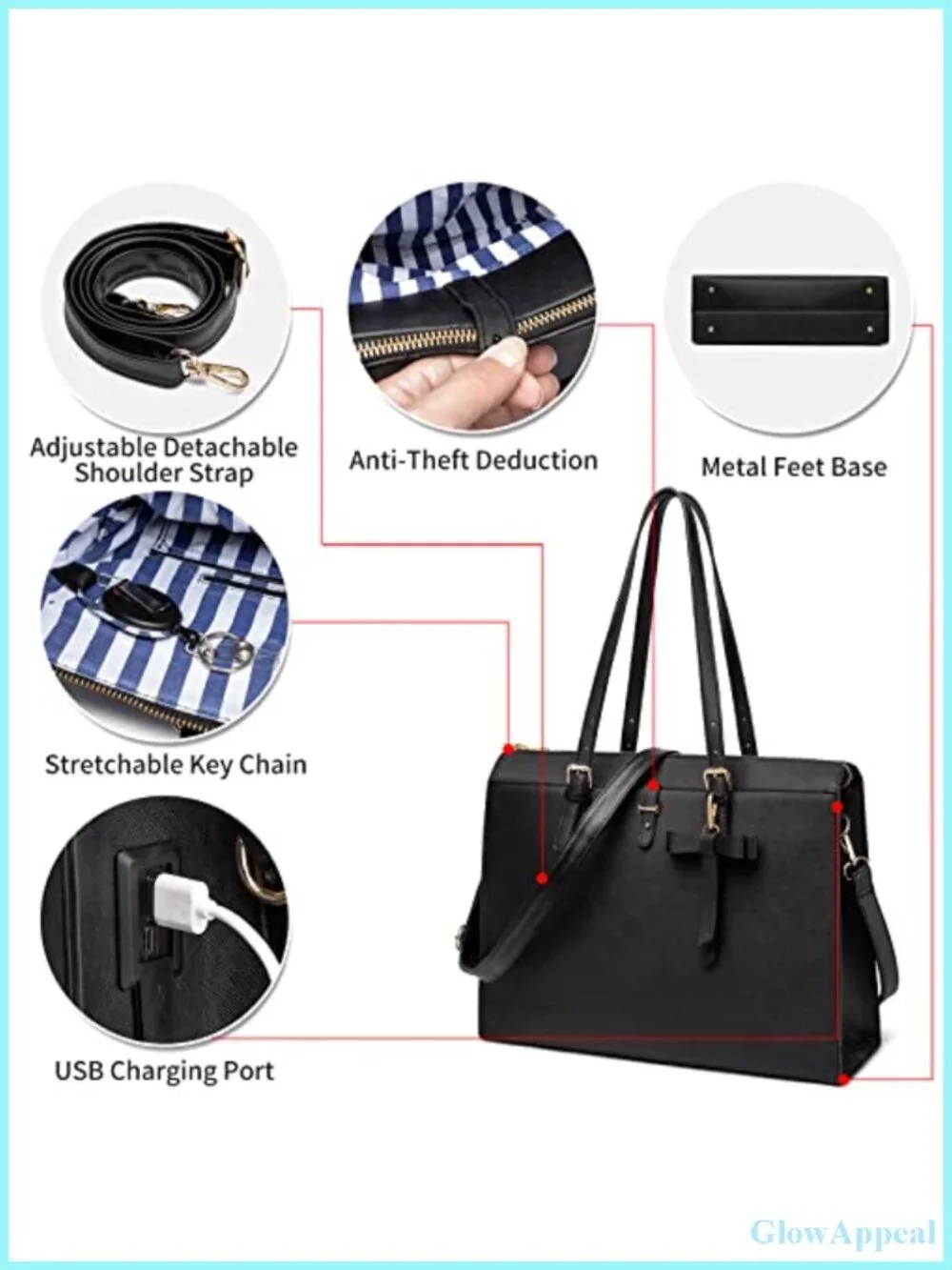 Large Leather Laptop Briefcase with USB Charging Port Tote Bag
